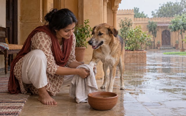 An Indian pet parent dries an indie dog's paw beside a water bowl on a Bikaner sandstone veranda during monsoon rain.