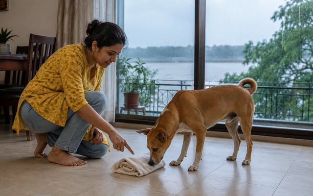 An Indian pet parent guides an Indie dog through an indoor scent game beside a rain-streaked window overlooking the Ganga in Patna.