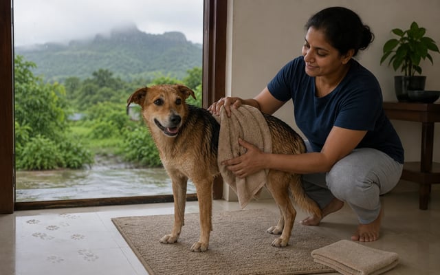 A pet parent towel-dries a wet dog inside a Nashik home while monsoon rain falls over green hills outside.