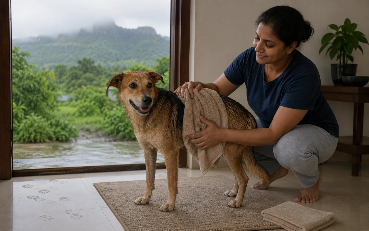 A pet parent towel-dries a wet dog inside a Nashik home while monsoon rain falls over green hills outside.