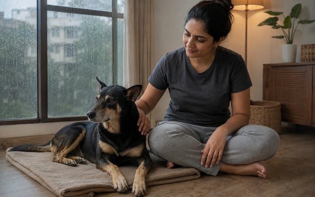 An Indian pet parent comforts a relaxed Indie dog in a quiet room beside a rain-streaked Pune window during the monsoon.