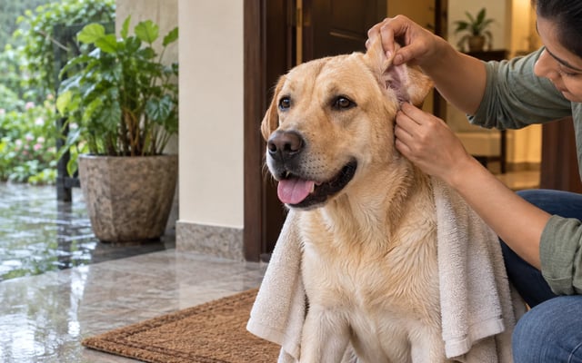 An Indian pet parent gently checks behind the ear of a wet Labrador during towel time after a monsoon walk.