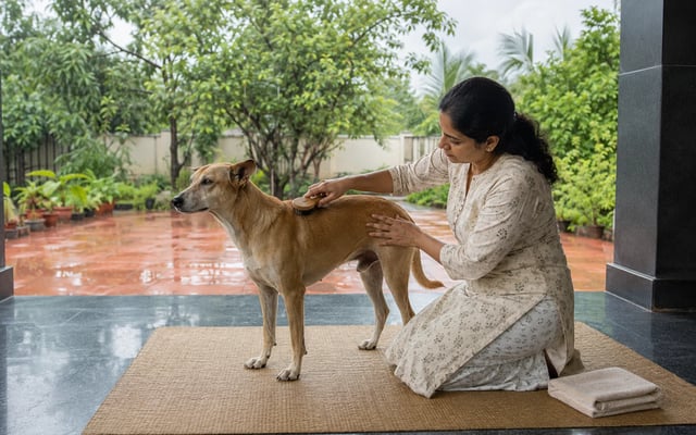 A Warangal pet parent brushes an Indie dog's coat on a dry veranda after monsoon rain.
