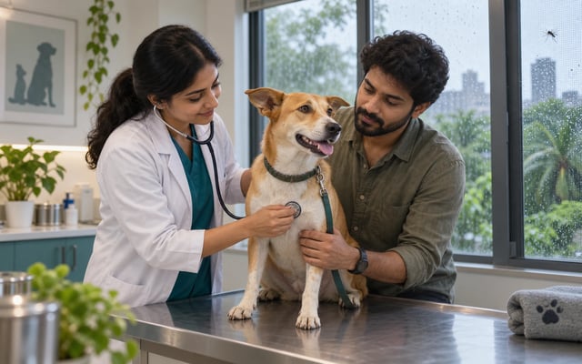 An Indian veterinarian listens to an adult Indie dog's chest while the pet parent steadies the dog beside a rain-speckled mosquito-screened window.