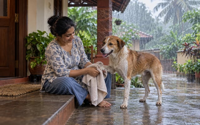 An Indian pet parent towel-dries an Indie dog's paw on a sheltered Mangalore veranda while heavy monsoon rain falls outside.