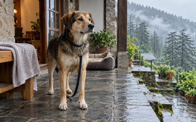 Rain-damp Indian mixed-breed dog beside a towel and dry bed on a covered Shimla veranda overlooking misty deodar hills.