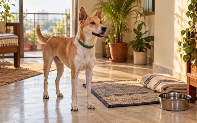 A tan-and-white Indie dog with a green collar stands beside its woven mat and water bowl in a warm, sunlit Hyderabad apartment.