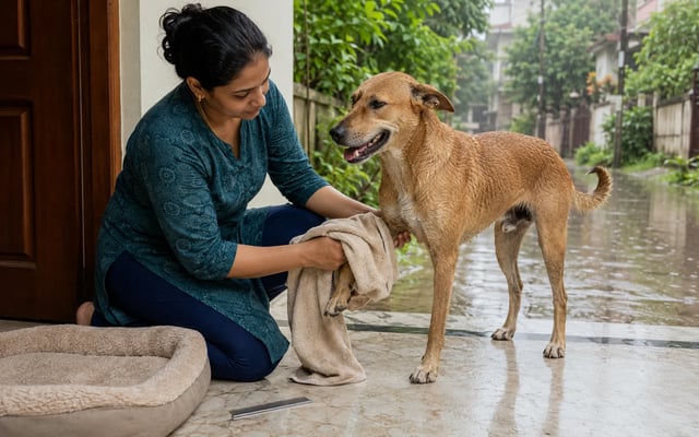 An Indian pet owner towel-dries an Indian pariah dog's paw at a sheltered doorway during monsoon rain in Cuttack.
