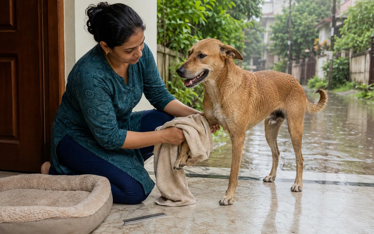 An Indian pet owner towel-dries an Indian pariah dog's paw at a sheltered doorway during monsoon rain in Cuttack.