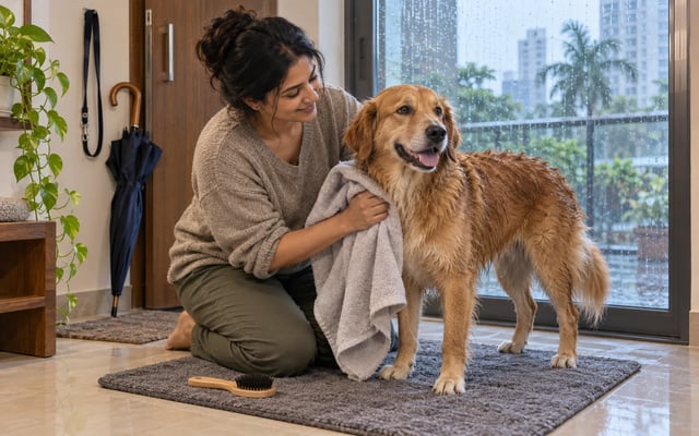 An Indian pet parent gently towel-dries her wet golden-brown dog beside a rain-streaked window, with a grooming brush ready after a monsoon walk.