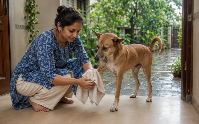 An Indian pet parent dries an Indie dog's paw with a towel at the threshold of a rain-wet Surat home during the monsoon.