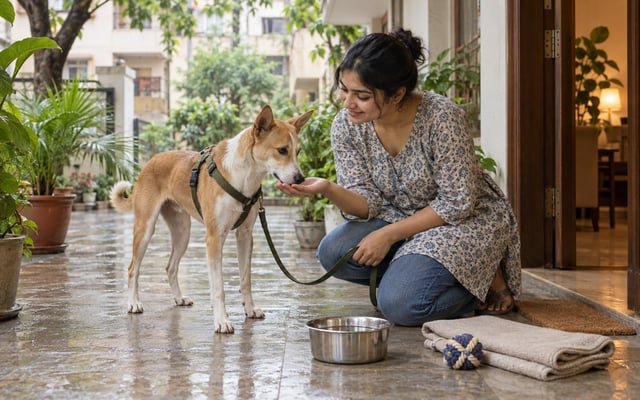 A Patna pet parent gently welcomes a leashed tan-and-white Indie dog beside a home doorway with a water bowl, blanket and toy.