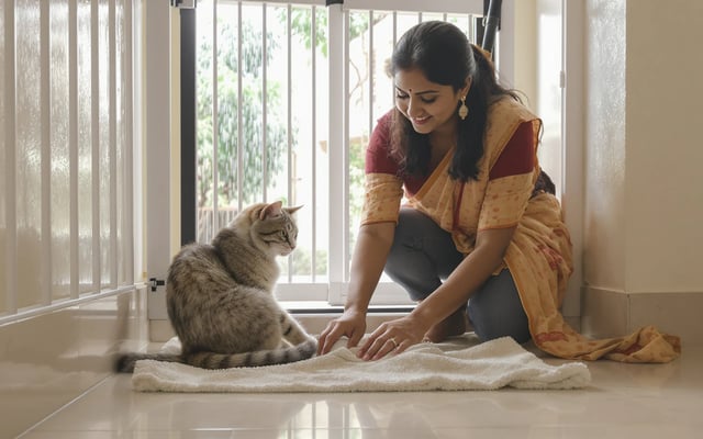 A cat waits safely behind a pet gate while a woman wipes a freshly rinsed tile floor in an Indian home.
