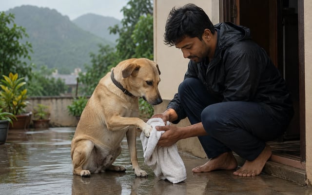 A Faridabad pet parent gently dries an Indian pariah dog's paw beside a rain-wet courtyard after a monsoon walk.