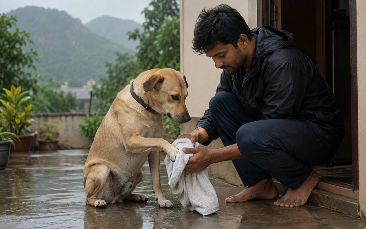 A Faridabad pet parent gently dries an Indian pariah dog's paw beside a rain-wet courtyard after a monsoon walk.