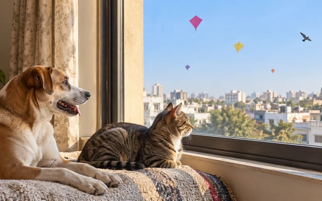 A dog and cat rest safely indoors beside a closed window while colorful Uttarayan kites and a bird cross the sky above Ahmedabad rooftops.