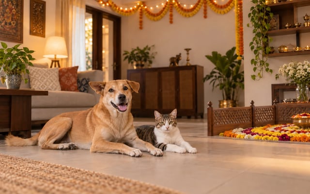 An Indie dog and cat relax in an Indian home with marigold garlands, secured lights and a safely separated flower rangoli.