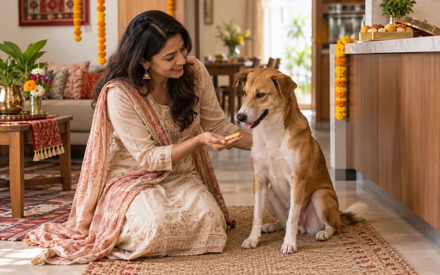 An Indian pet parent offers her seated Indie dog a safe treat while festival sweets stay out of reach on a high counter.