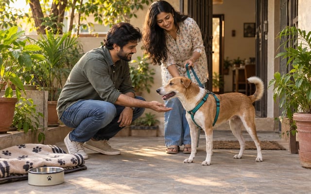 A Nagpur couple welcoming a tan-and-white Indie dog into their leafy home courtyard