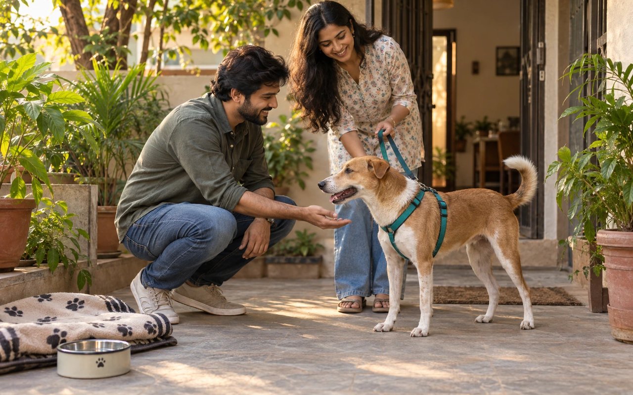 A Nagpur couple welcoming a tan-and-white Indie dog into their leafy home courtyard