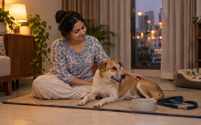 An Indian pet parent reassures an Indie dog in a quiet Mumbai apartment during Ganesh Chaturthi, with a water bowl and leash nearby.