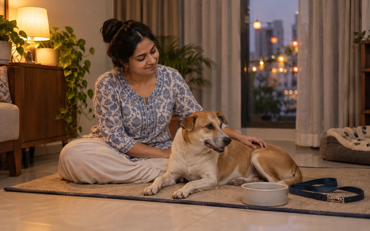 An Indian pet parent reassures an Indie dog in a quiet Mumbai apartment during Ganesh Chaturthi, with a water bowl and leash nearby.