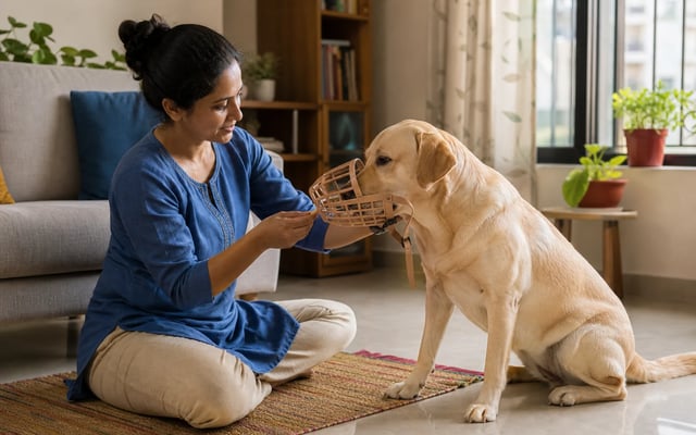 An Indian dog owner uses treats to help a relaxed Labrador voluntarily place its nose inside a roomy basket muzzle.