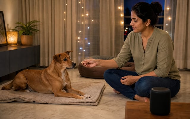 An Indian pet owner calmly rewards her relaxed Indie dog during low-volume sound training in a safe room before Diwali.