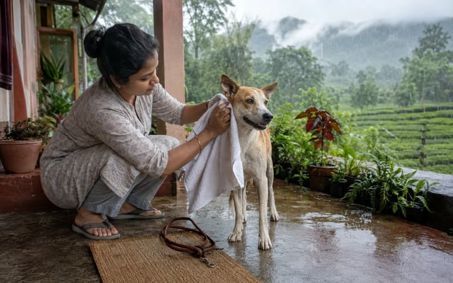 An Indian pet owner dries an Indian pariah dog's damp coat and ear on a veranda during monsoon rain near Siliguri.