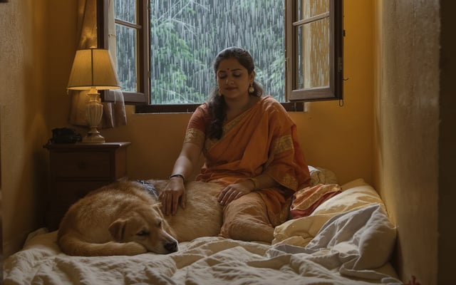 A dog rests beside its calm owner in a warm indoor refuge while monsoon rain falls outside.