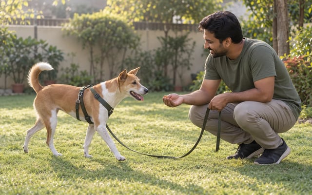 An Indian pet parent rewards an attentive dog returning on a loose long line during recall training in a garden.