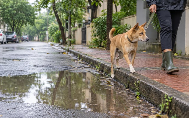 An Indian dog on a leash being guided away from a large monsoon puddle on a wet residential street.