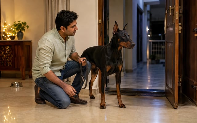 A concerned Indian dog owner holds a leash and car keys beside a restless Dobermann at an open doorway during festival season.