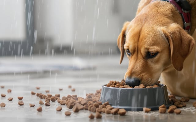 A realistic editorial pet-care scene illustrating How to Store Dog Food in the Monsoon Without It Spoiling.