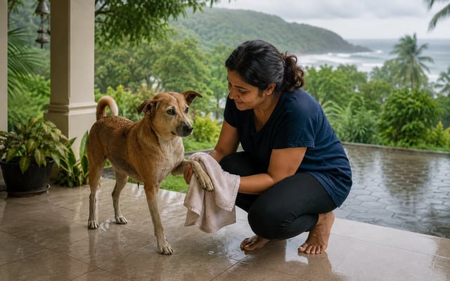 A pet parent dries an Indian pariah dog's paw on a sheltered Visakhapatnam veranda overlooking the rainy coast.
