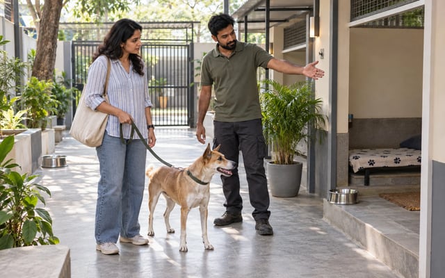 An Indian pet parent and her leashed dog inspect a clean, airy boarding facility while a caretaker shows the sleeping area.