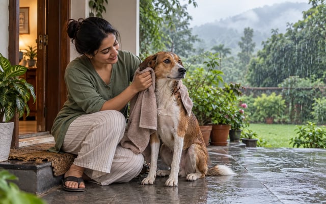 An Indian pet parent towel-dries a wet Indie dog's ears at a sheltered Dehradun home while monsoon rain falls over the green foothills.