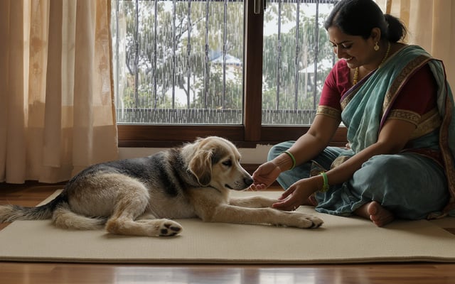 A relaxed dog lies on a mat while a woman quietly rewards calm behaviour beside a rain-speckled window.