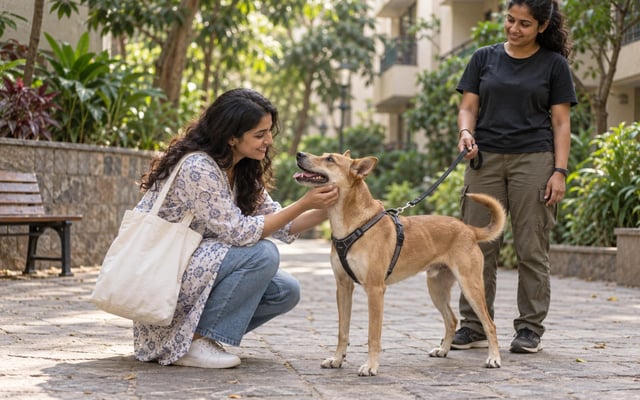 A first-time pet parent meeting a tawny Indie dog with a rescue volunteer in a leafy Pune apartment courtyard