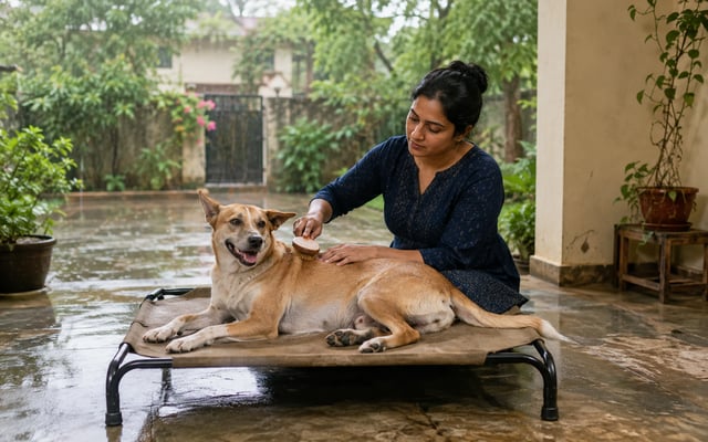 An Indian pet parent brushes an Indie dog resting on a raised cot beside a rain-wet Vadodara courtyard.