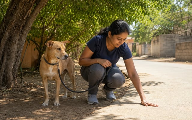 A Madurai pet parent tests sun-heated pavement while an Indian pariah dog waits safely in the shade.