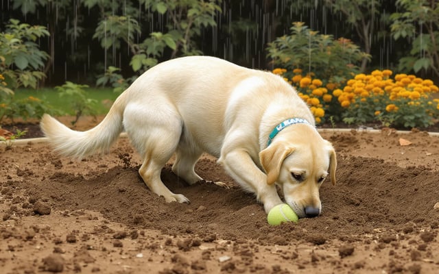A yellow Labrador digs for a tennis ball in damp garden soil beside intact marigolds during monsoon rain.