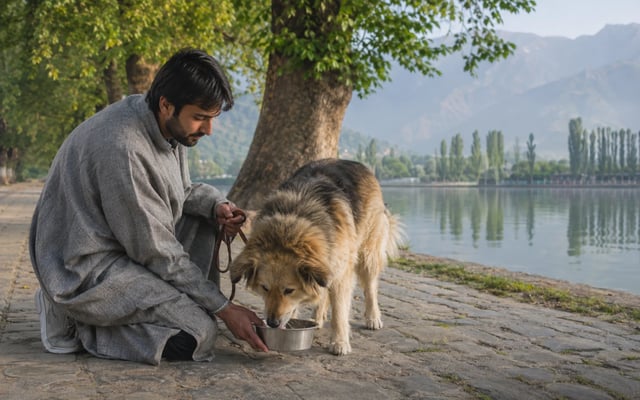 A Srinagar pet parent gives fresh water to a thick-coated dog beside a calm lake on a cool summer morning.