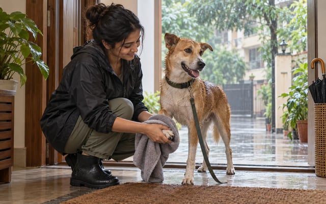 An Indian pet parent towel-dries a wet Indie dog's paw at a Kolkata home entrance during monsoon rain.