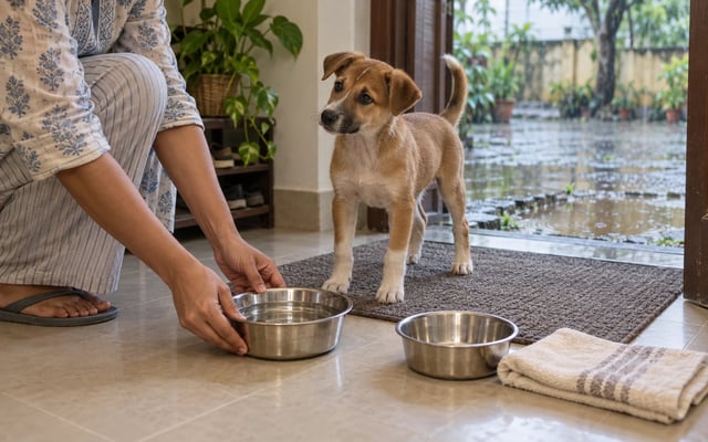 An owner sets out fresh water for a young Indie puppy safely indoors while monsoon puddles collect outside.